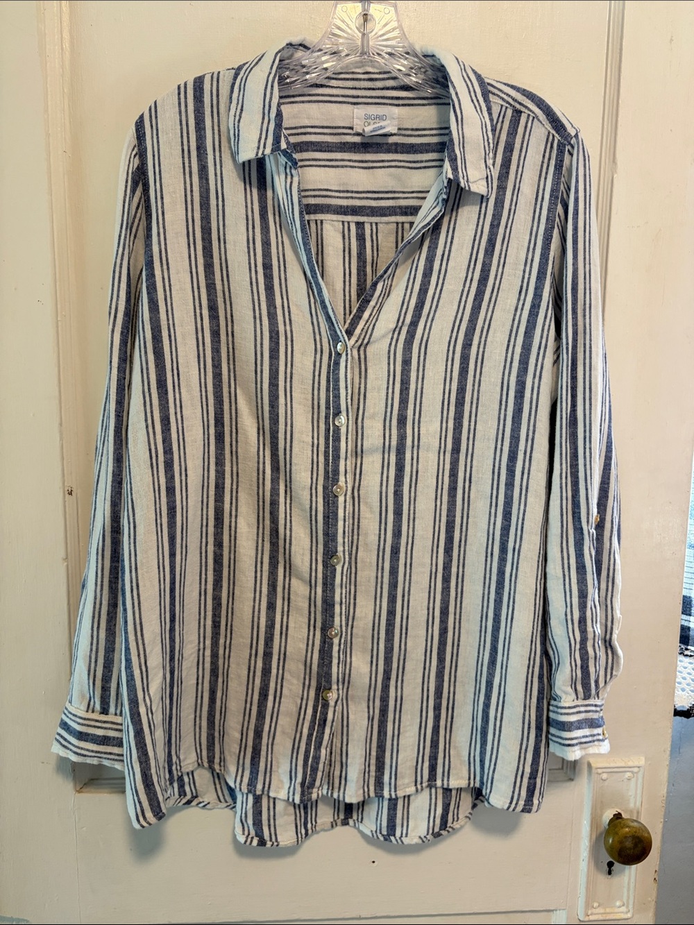 Sigrid Olsen Linen Blend Button Down Shirt Blue White Stripe Coastal Sz M